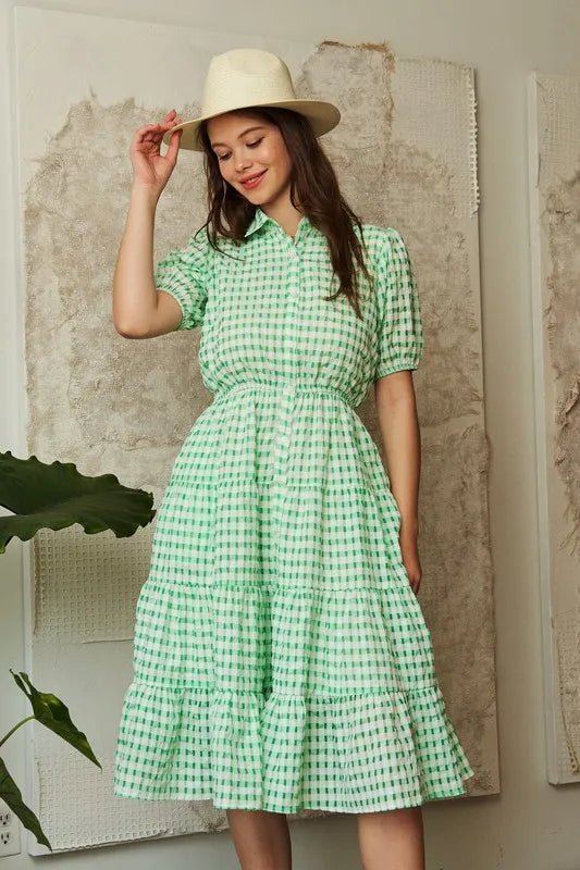 Davi & Dani - Puff Sleeve Button - Front Gingham Dress – Fresh Green