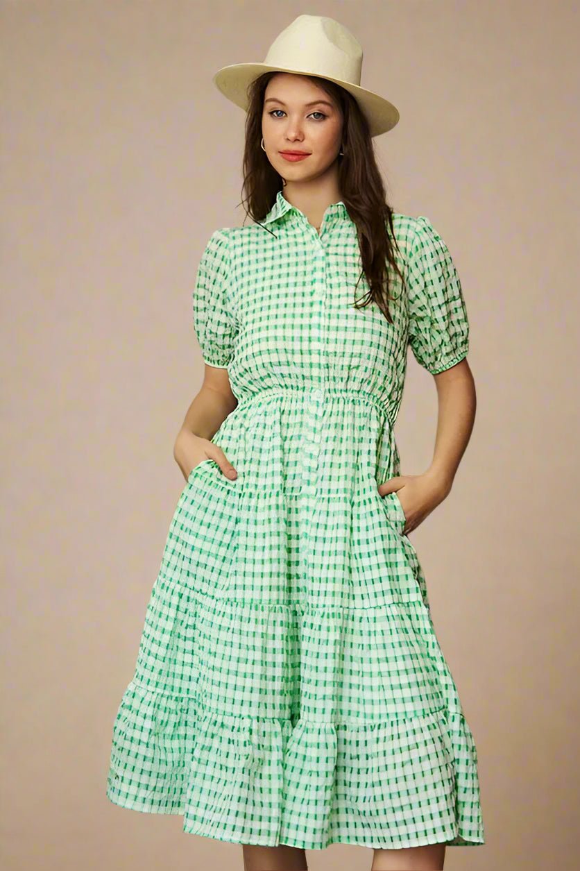 Davi & Dani - Puff Sleeve Button - Front Gingham Dress – Fresh Green