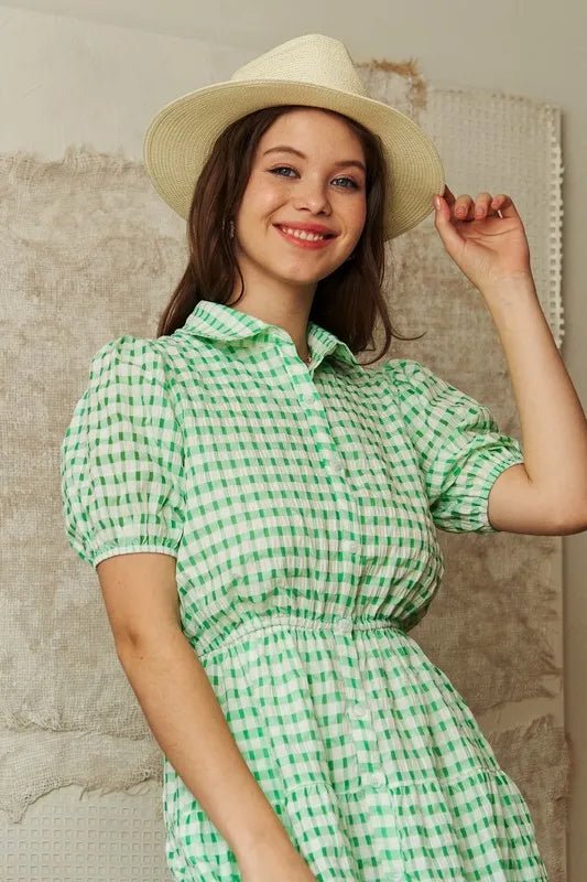 Davi & Dani - Puff Sleeve Button - Front Gingham Dress – Fresh Green