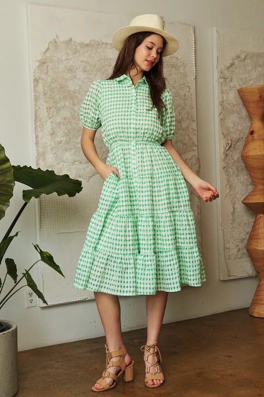Davi & Dani - Puff Sleeve Button - Front Gingham Dress – Fresh Green