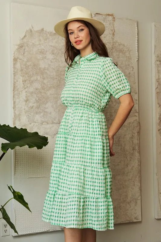 Davi & Dani - Puff Sleeve Button - Front Gingham Dress – Fresh Green