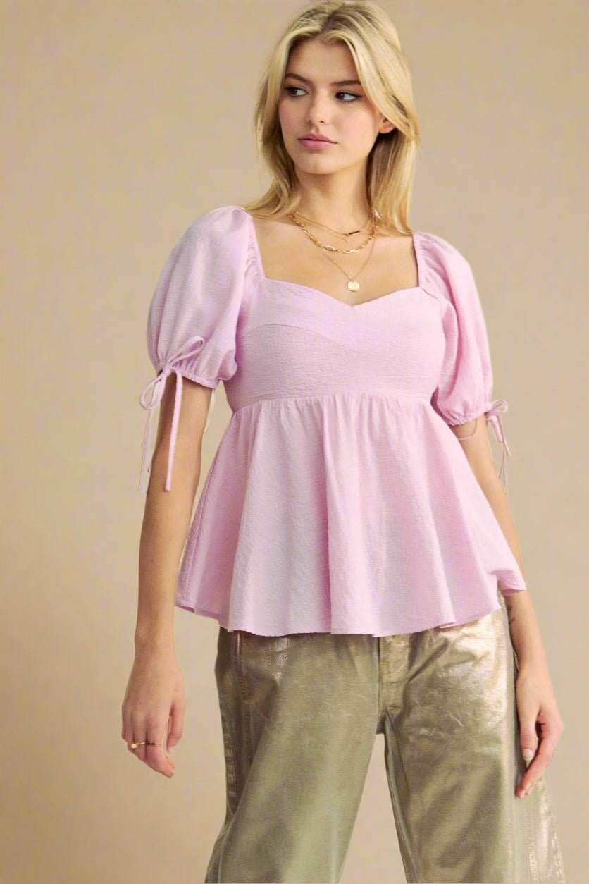 Davi & Dani - Puff Sleeve Peplum Top – Light Pink