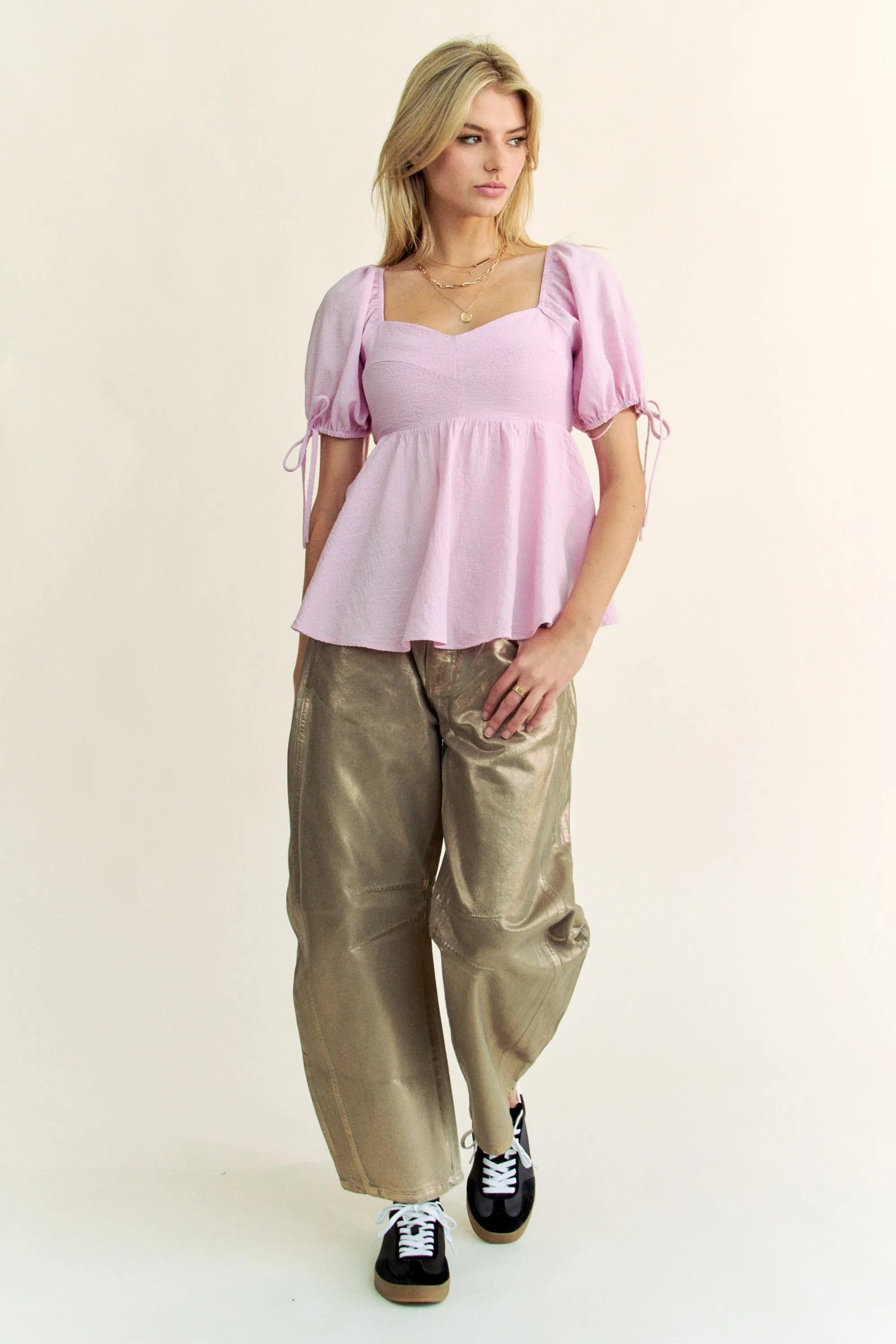 Davi & Dani - Puff Sleeve Peplum Top – Light Pink