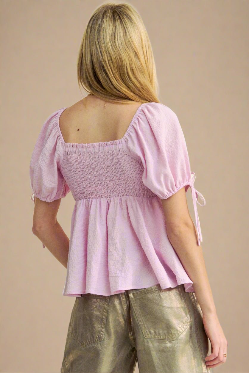 Davi & Dani - Puff Sleeve Peplum Top – Light Pink