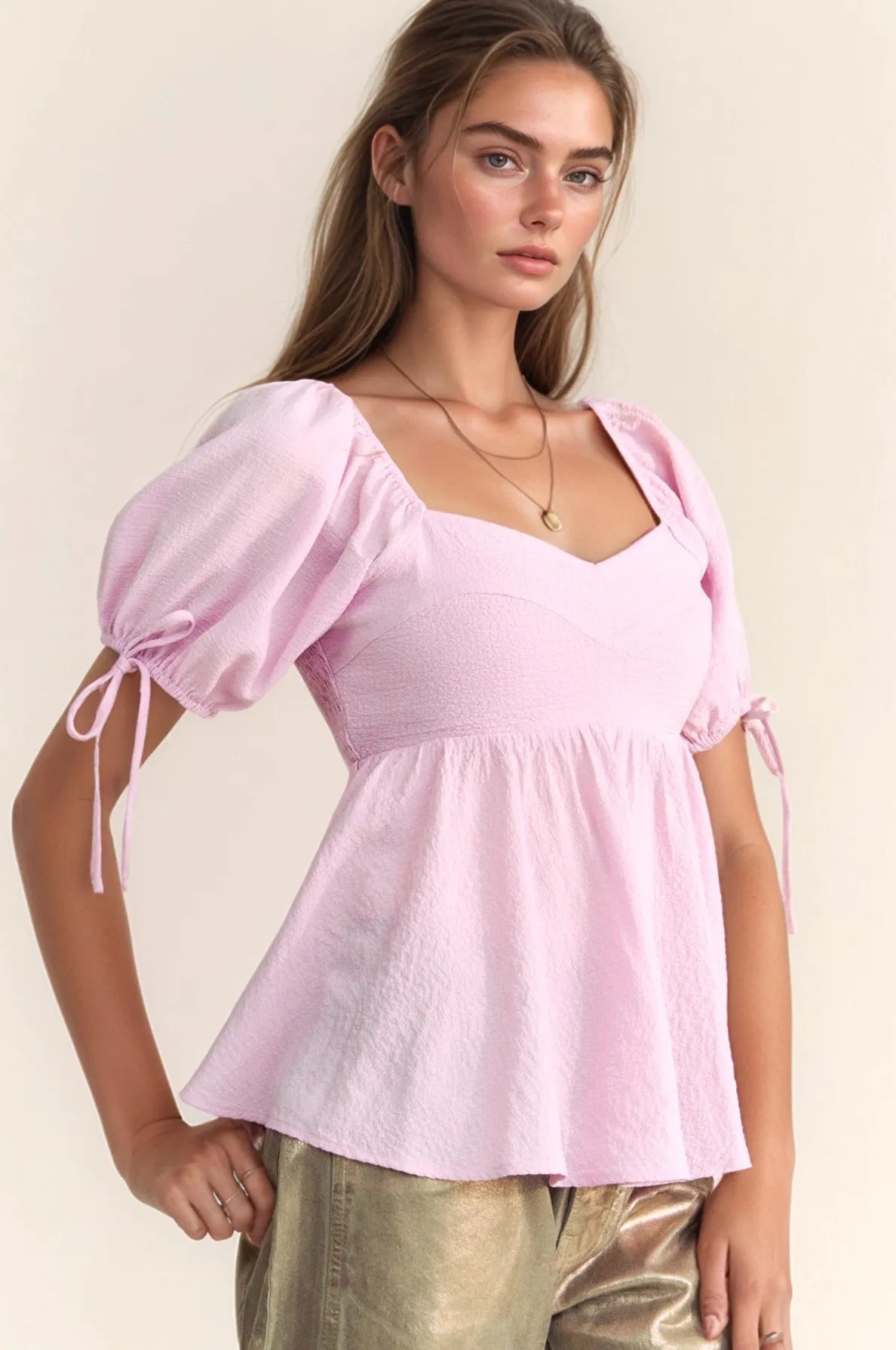 Davi & Dani - Puff Sleeve Peplum Top – Light Pink