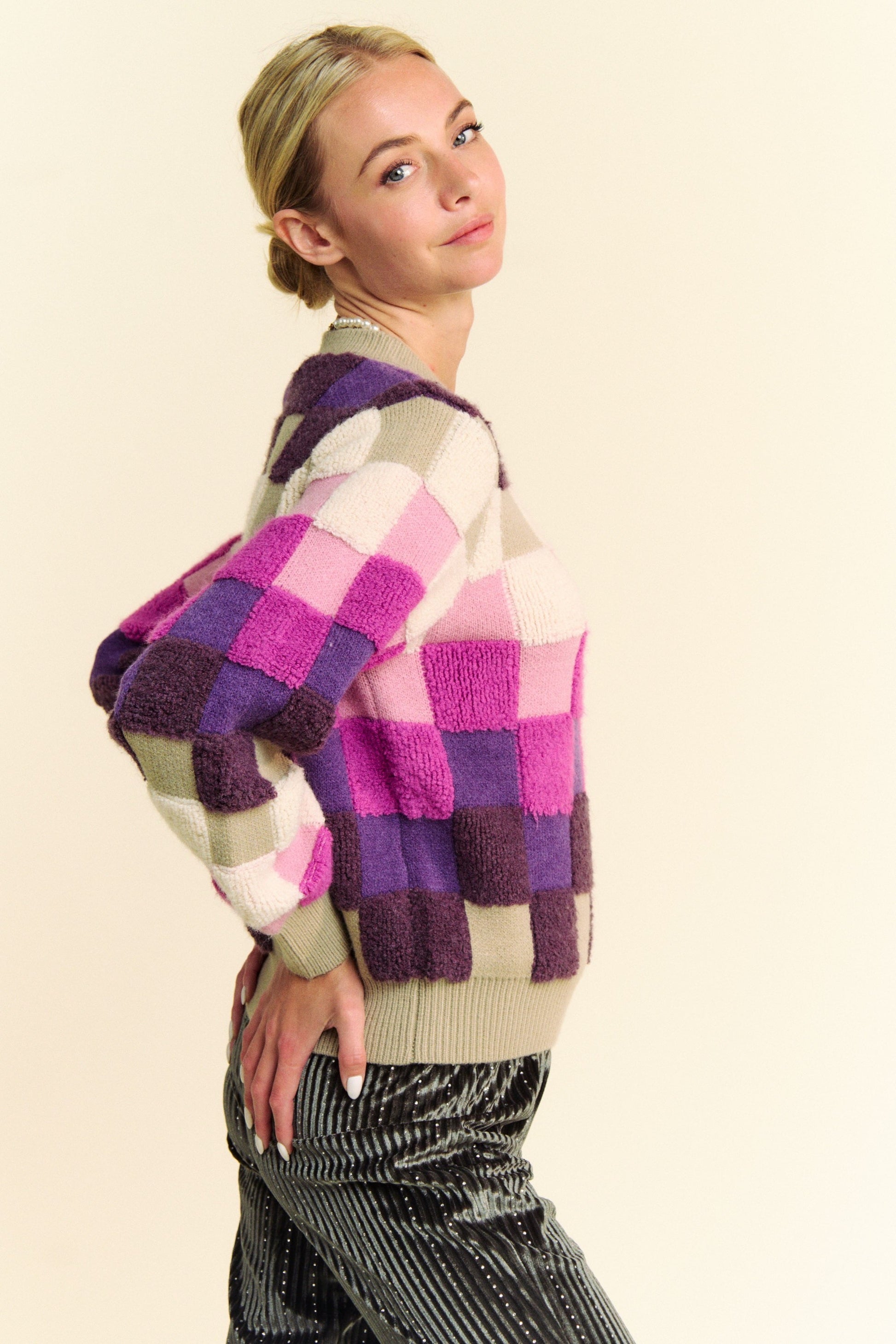 Davi & Dani - Purple Checkered Long Sleeve Sweater