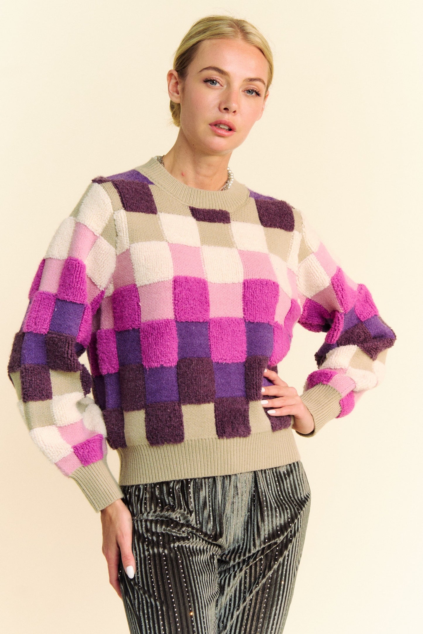 Davi & Dani - Purple Checkered Long Sleeve Sweater