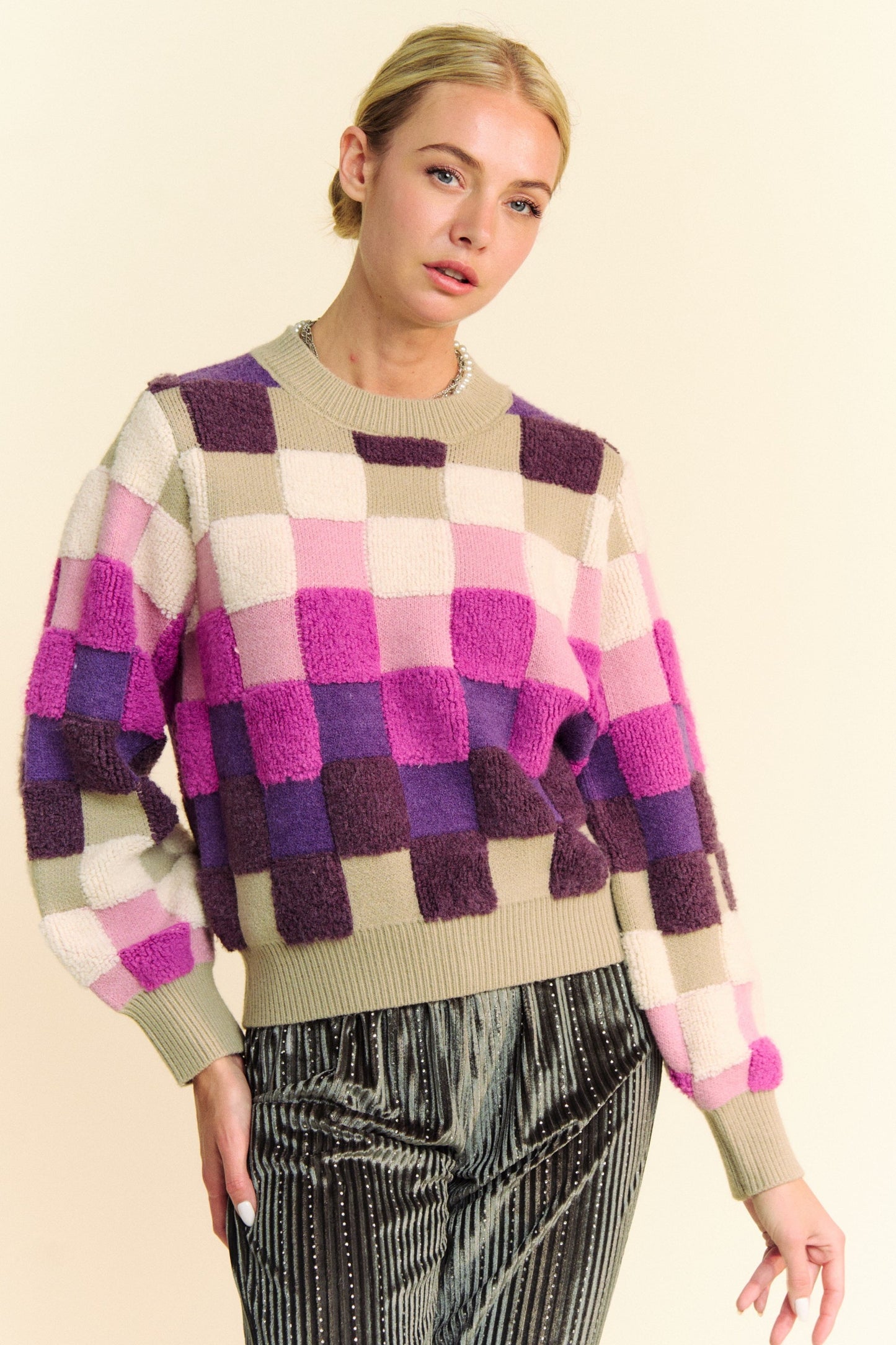 Davi & Dani - Purple Checkered Long Sleeve Sweater