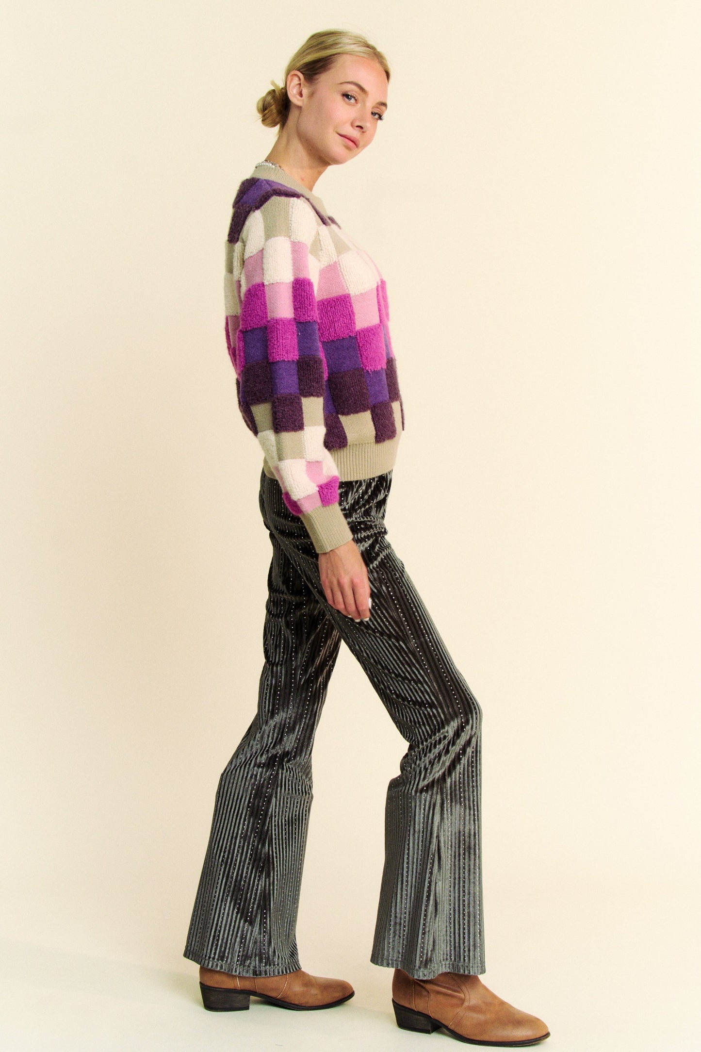 Davi & Dani - Purple Checkered Long Sleeve Sweater