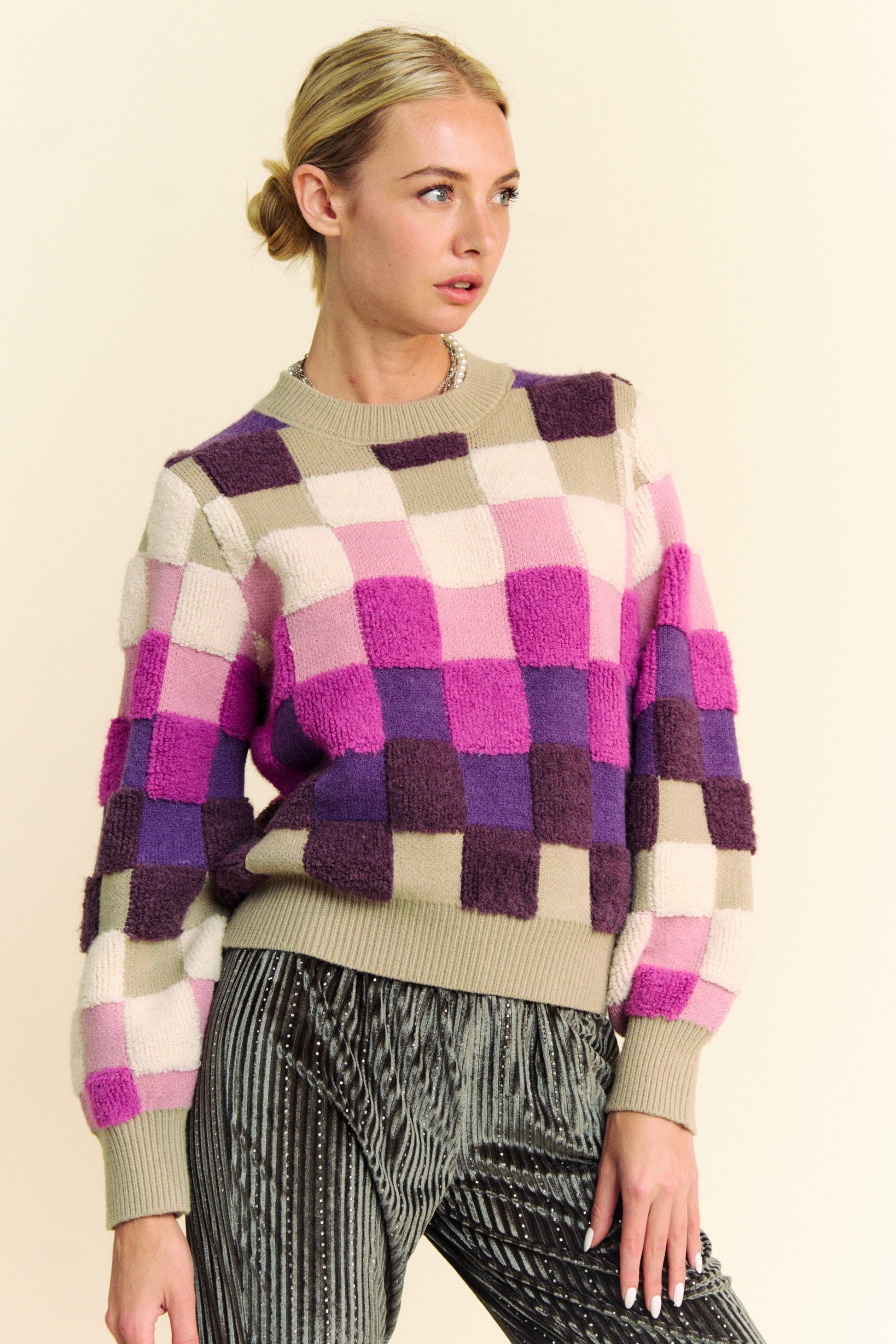 Davi & Dani - Purple Checkered Long Sleeve Sweater