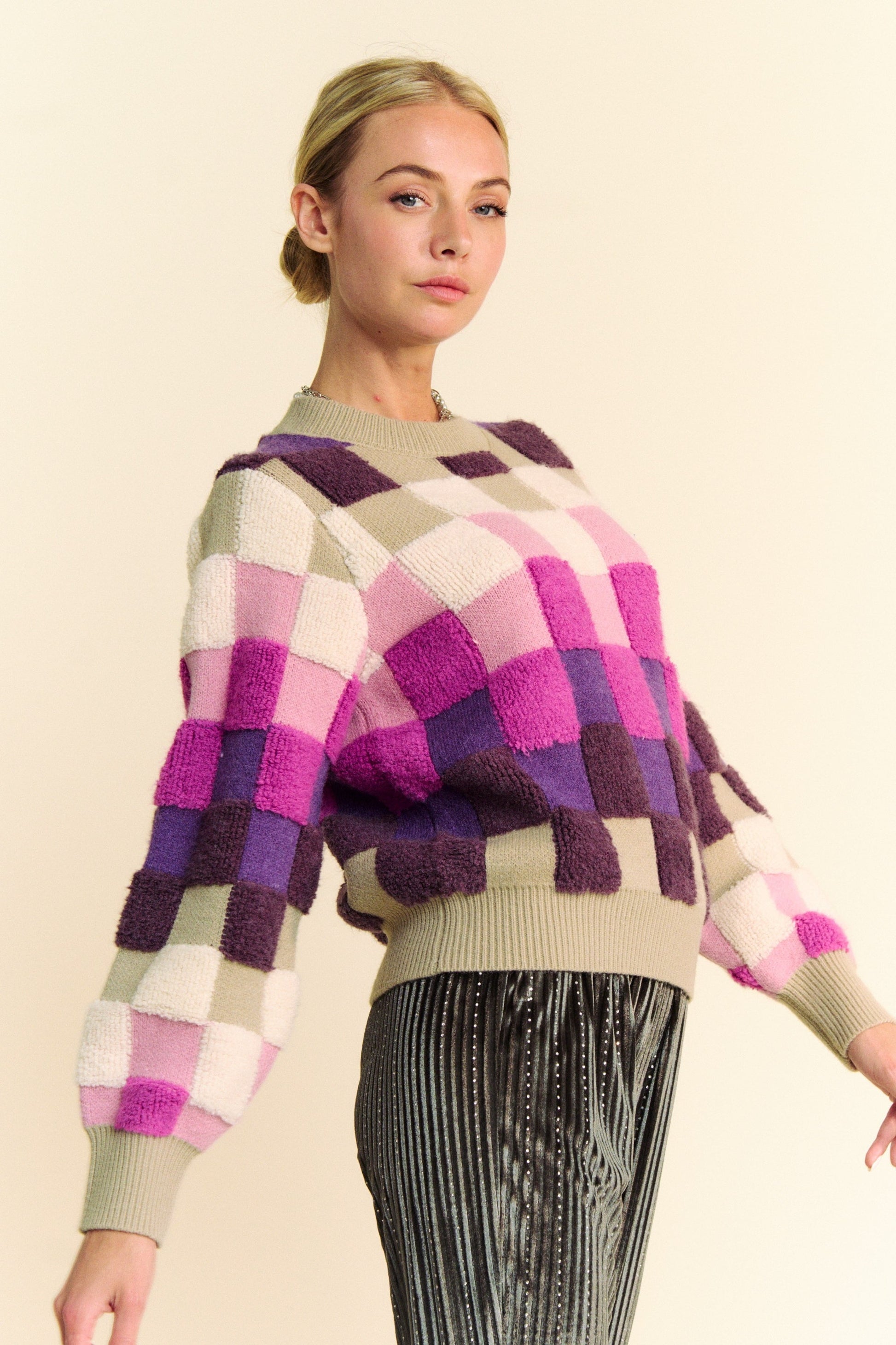 Davi & Dani - Purple Checkered Long Sleeve Sweater