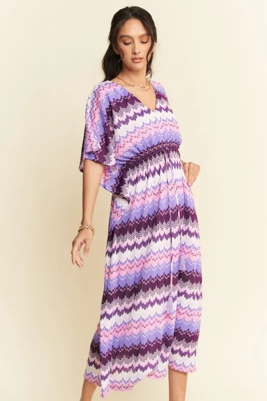 Davi & Dani - Purple Chevron Smocked Waist Midi Dress