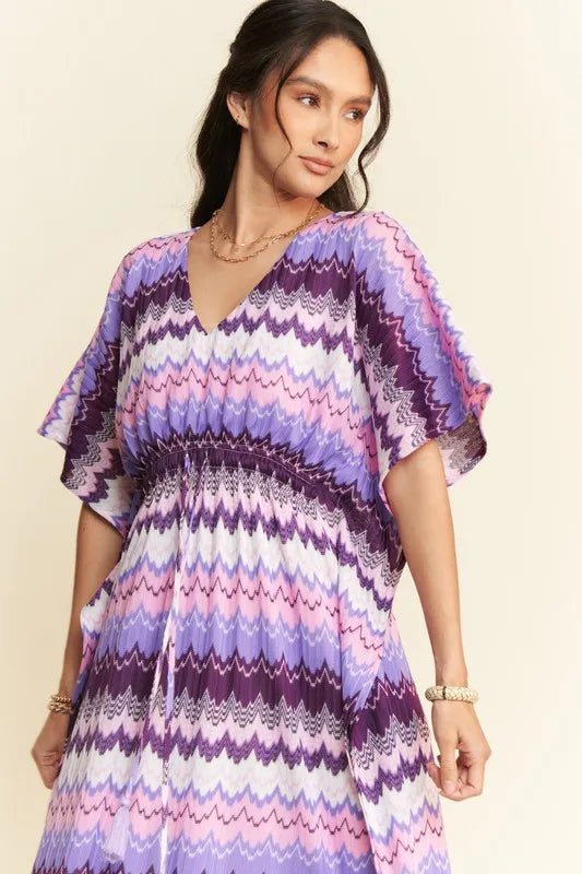 Davi & Dani - Purple Chevron Smocked Waist Midi Dress