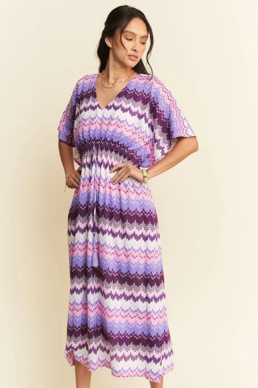 Davi & Dani - Purple Chevron Smocked Waist Midi Dress
