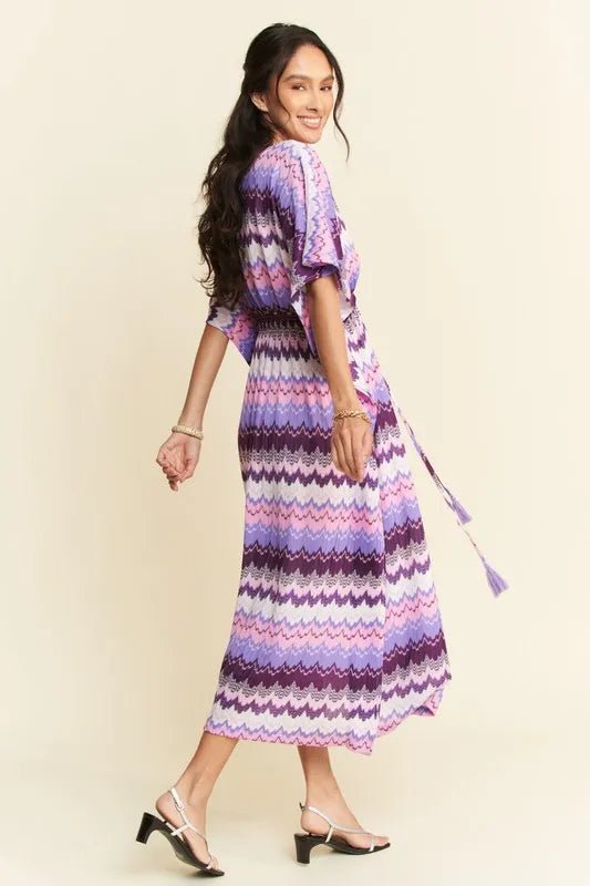 Davi & Dani - Purple Chevron Smocked Waist Midi Dress