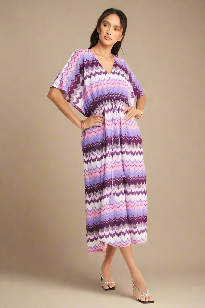 Davi & Dani - Purple Chevron Smocked Waist Midi Dress