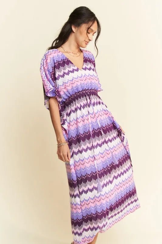 Davi & Dani - Purple Chevron Smocked Waist Midi Dress