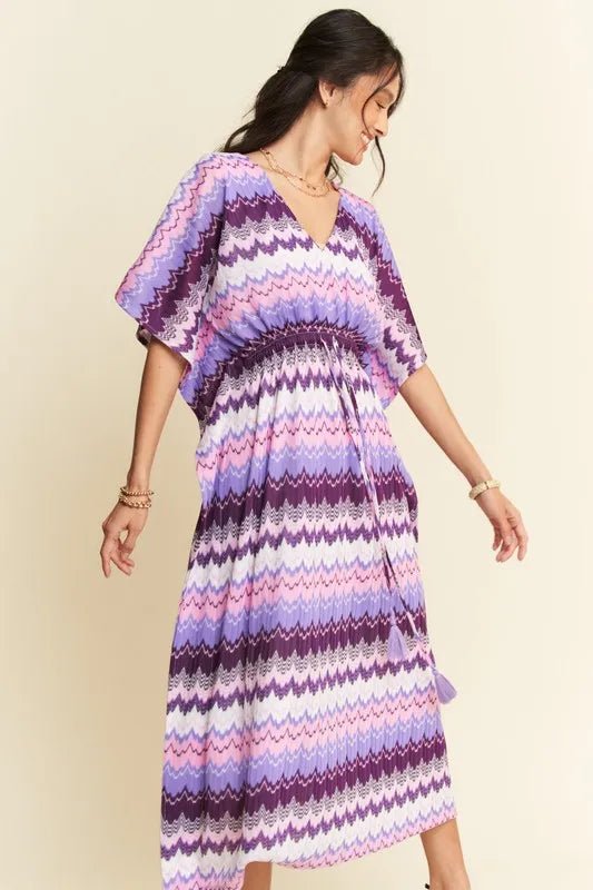 Davi & Dani - Purple Chevron Smocked Waist Midi Dress
