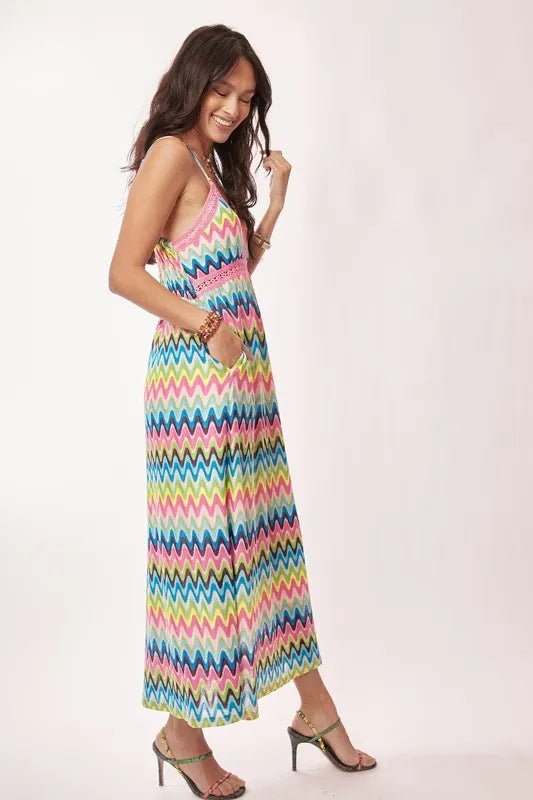 Davi & Dani - Rainbow Zigzag Crochet Trim Maxi Dress