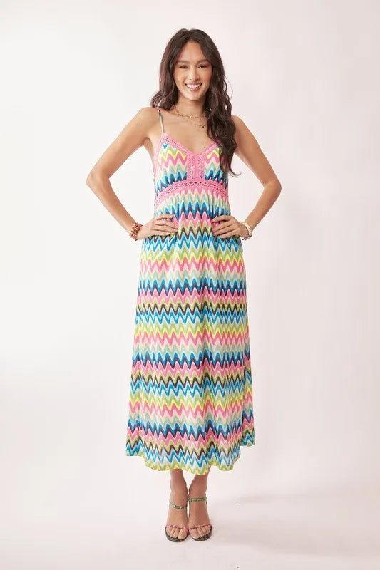 Davi & Dani - Rainbow Zigzag Crochet Trim Maxi Dress