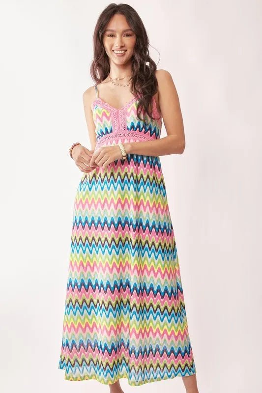 Davi & Dani - Rainbow Zigzag Crochet Trim Maxi Dress