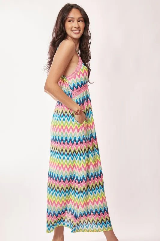 Davi & Dani - Rainbow Zigzag Crochet Trim Maxi Dress