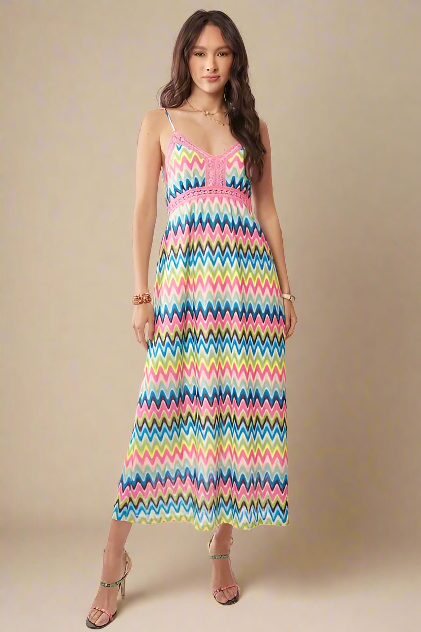 Davi & Dani - Rainbow Zigzag Crochet Trim Maxi Dress