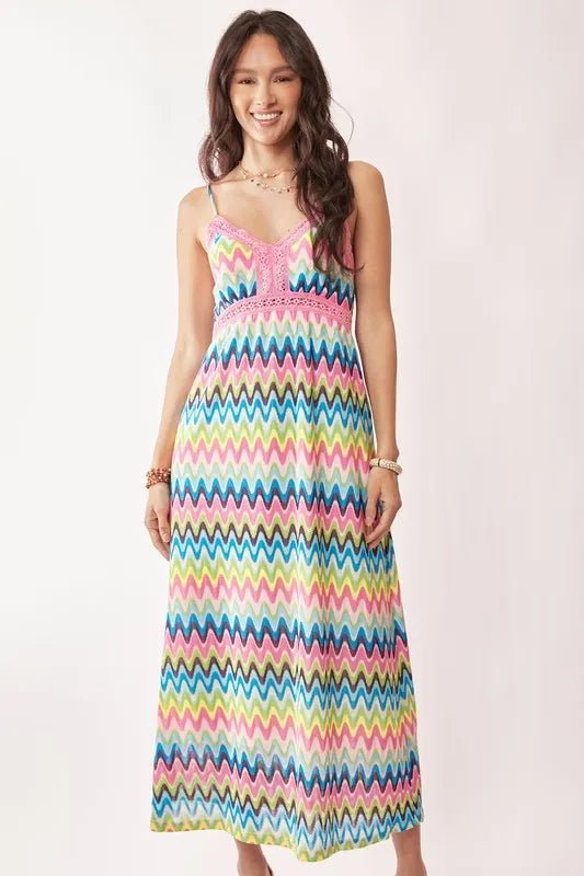 Davi & Dani - Rainbow Zigzag Crochet Trim Maxi Dress