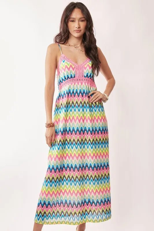 Davi & Dani - Rainbow Zigzag Crochet Trim Maxi Dress
