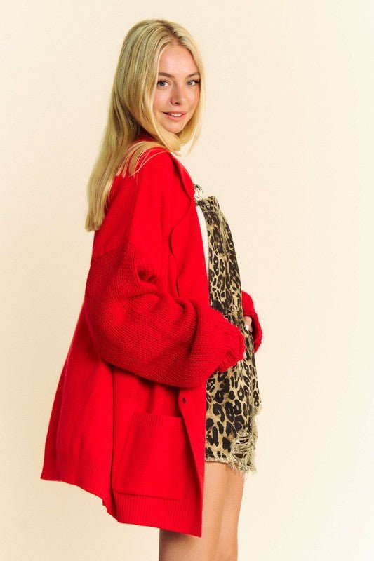 Davi & Dani - Red Button Front Cardigan with Pockets