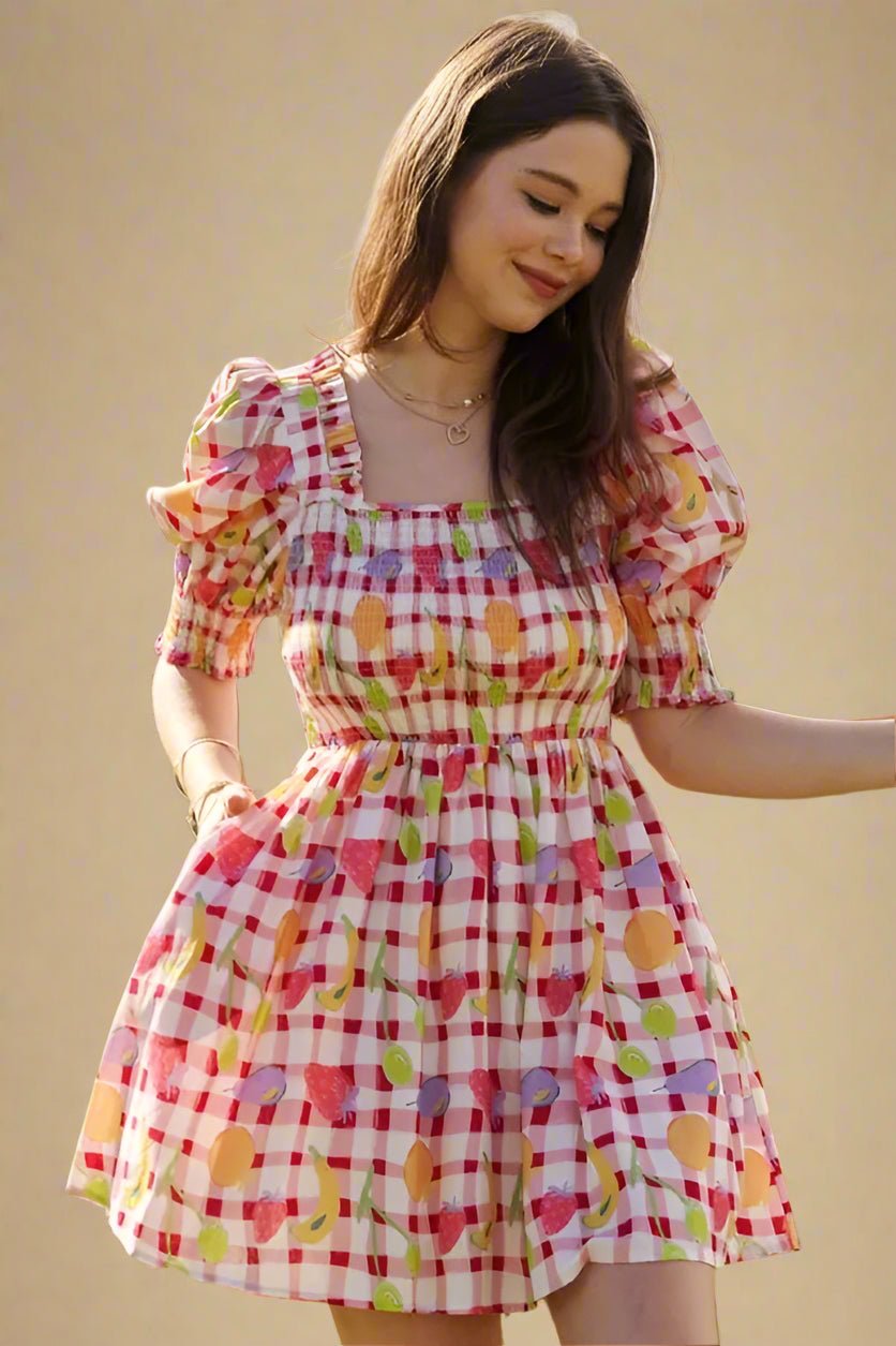 Davi & Dani - Red Gingham Fruit Print Puff Sleeve Mini Dress