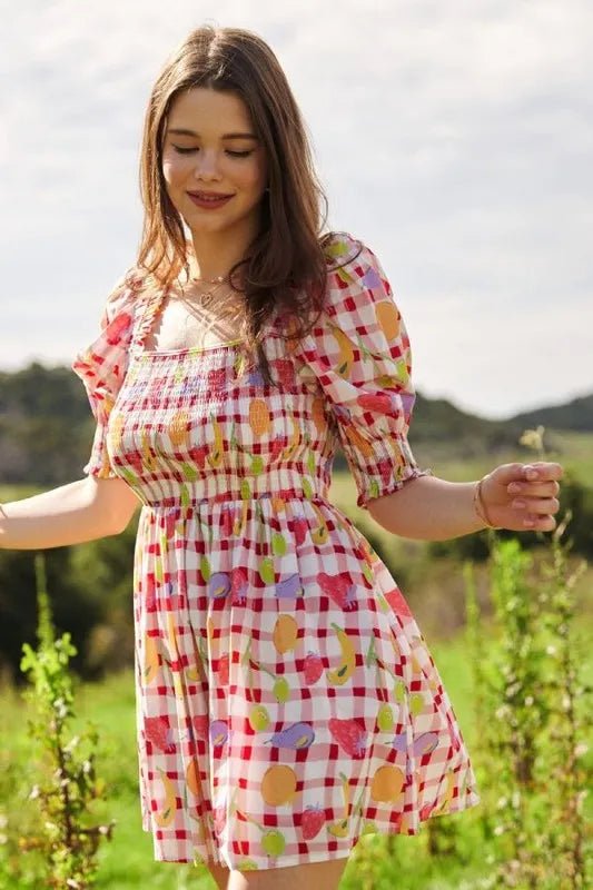 Davi & Dani - Red Gingham Fruit Print Puff Sleeve Mini Dress