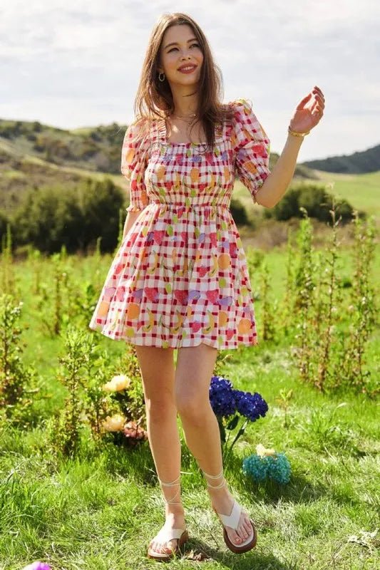Davi & Dani - Red Gingham Fruit Print Puff Sleeve Mini Dress