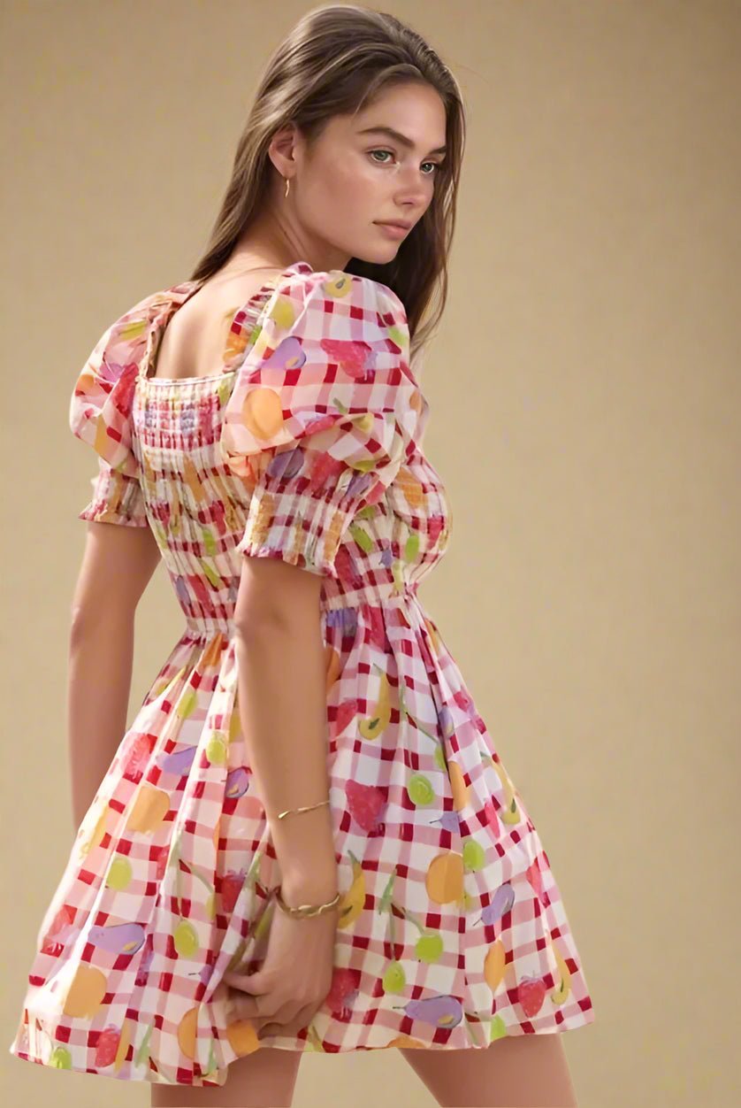 Davi & Dani - Red Gingham Fruit Print Puff Sleeve Mini Dress
