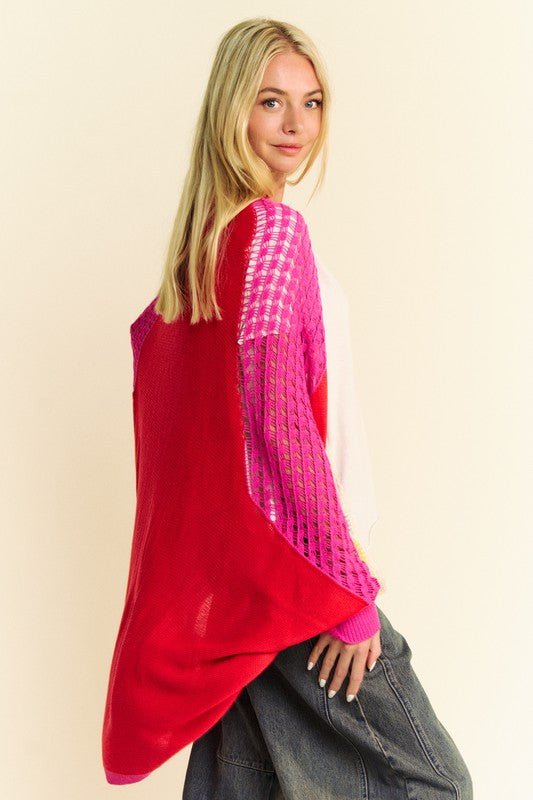 Davi & Dani - Red & Pink Openwork Open Front Cocoon Cardigan