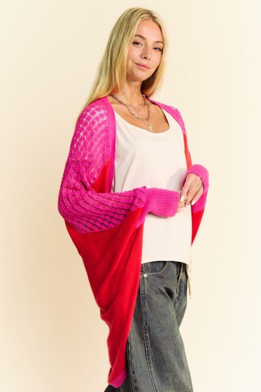 Davi & Dani - Red & Pink Openwork Open Front Cocoon Cardigan