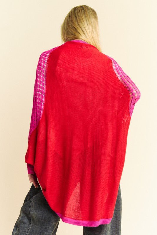 Davi & Dani - Red & Pink Openwork Open Front Cocoon Cardigan