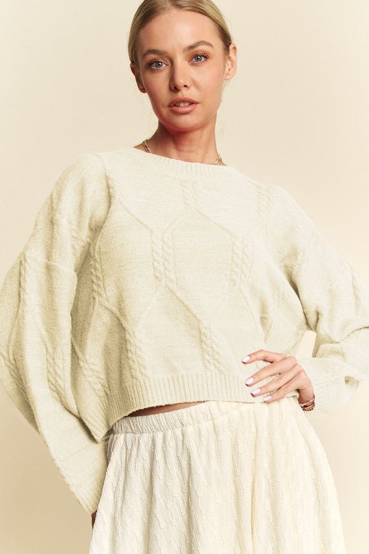 Davi & Dani - Relaxed Fit Cable Knit Sweater in Ivory