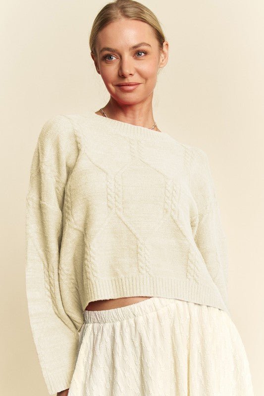 Davi & Dani - Relaxed Fit Cable Knit Sweater in Ivory