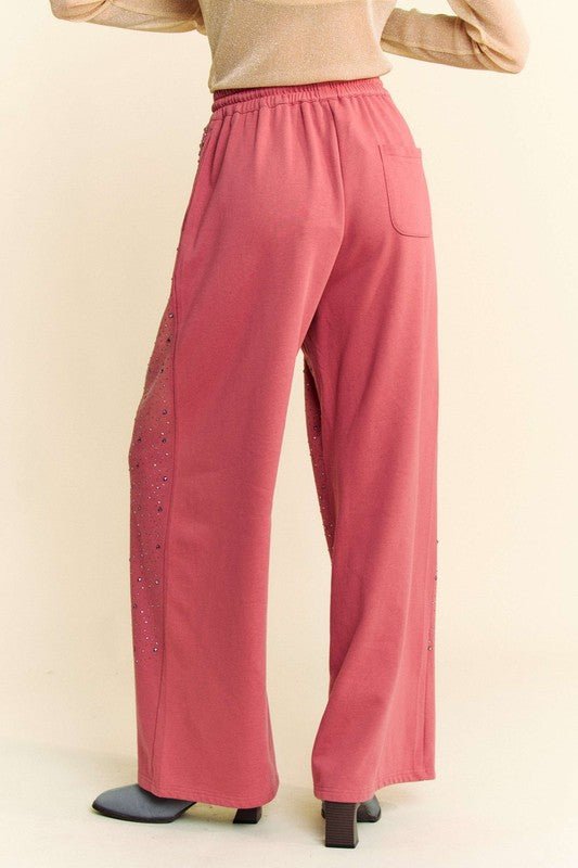Davi & Dani - Rhinestone Drawstring Wide Leg Pants in Deep Rose