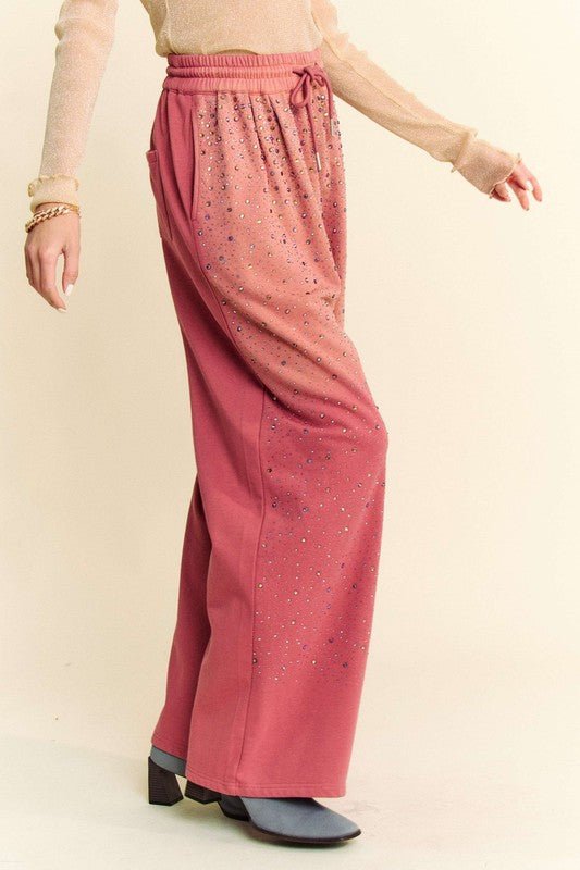 Davi & Dani - Rhinestone Drawstring Wide Leg Pants in Deep Rose