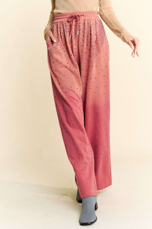 Davi & Dani - Rhinestone Drawstring Wide Leg Pants in Deep Rose