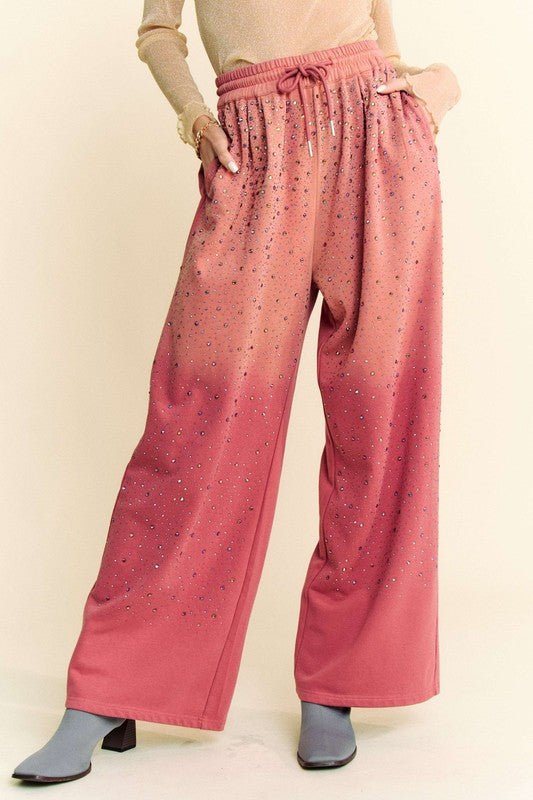 Davi & Dani - Rhinestone Drawstring Wide Leg Pants in Deep Rose