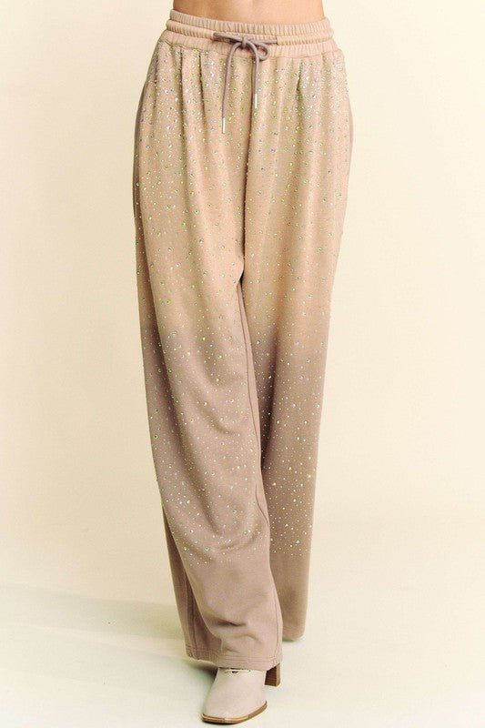 Davi & Dani - Rhinestone Drawstring Wide Leg Pants in Tan