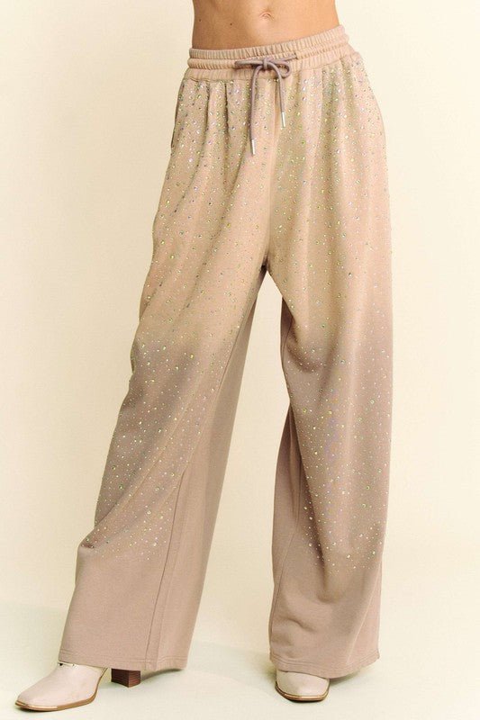 Davi & Dani - Rhinestone Drawstring Wide Leg Pants in Tan