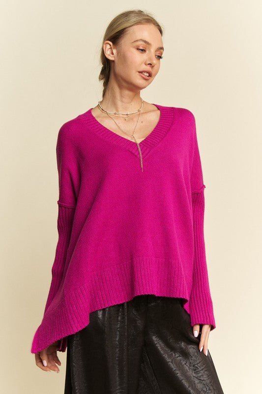 Davi & Dani - Rib Knit V - Neck Tunic Sweater in Cerise