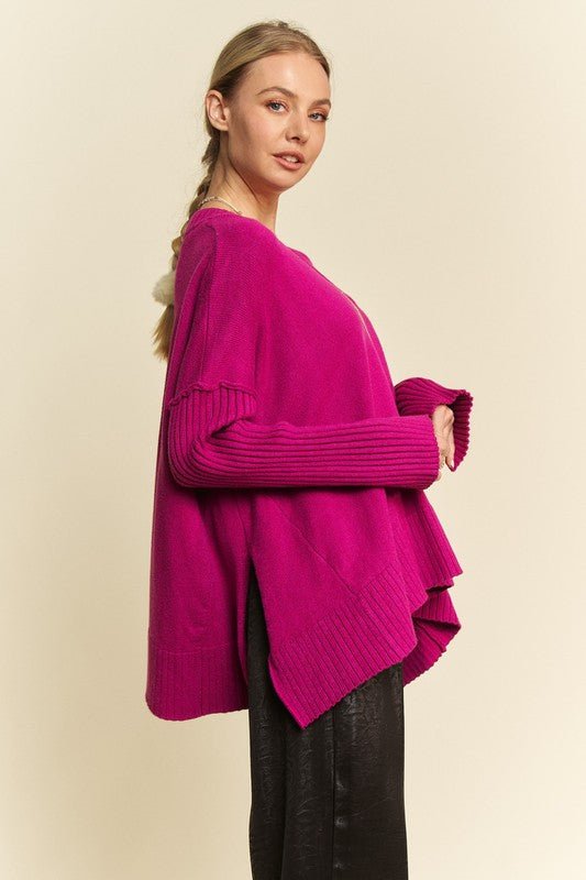 Davi & Dani - Rib Knit V - Neck Tunic Sweater in Cerise
