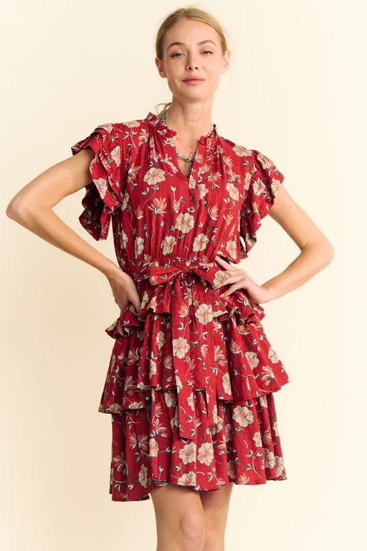 Davi & Dani - Ruffled Tiered Mini Dress – Crimson Floral