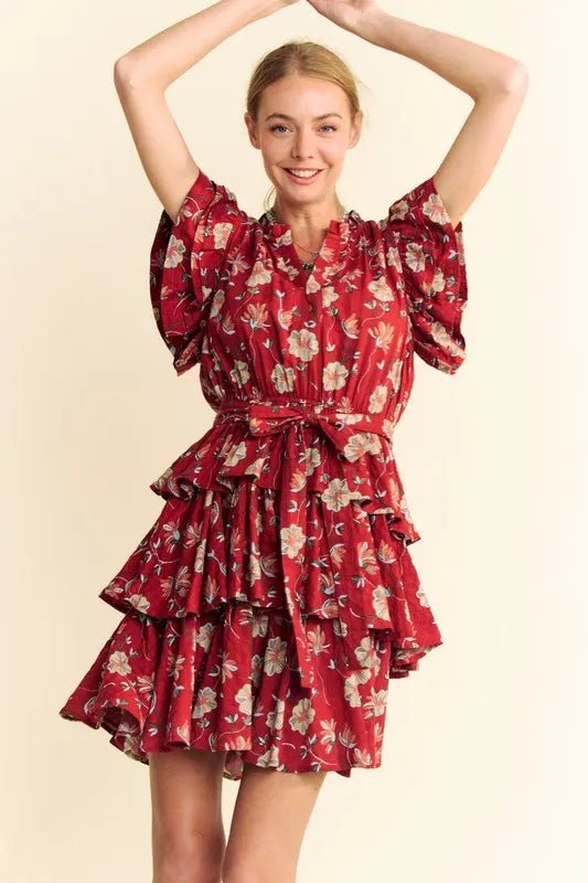 Davi & Dani - Ruffled Tiered Mini Dress – Crimson Floral