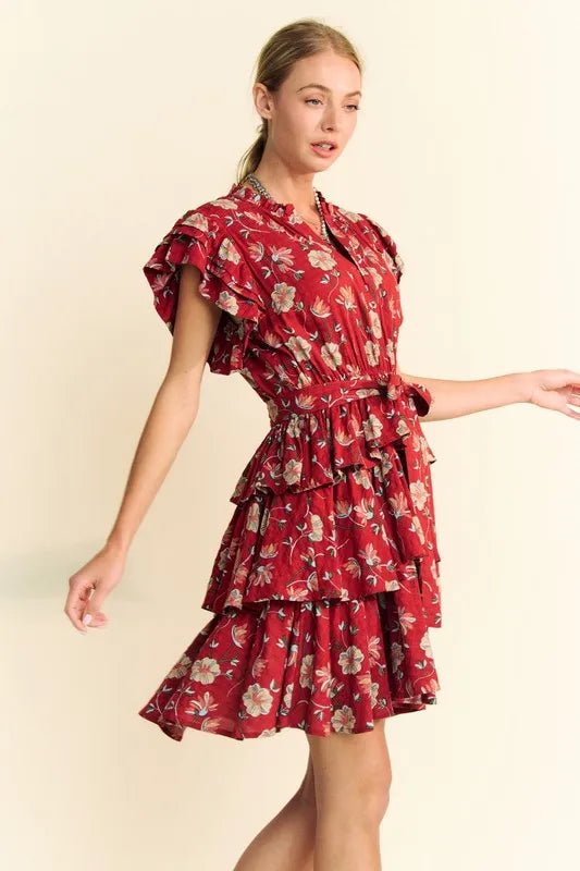Davi & Dani - Ruffled Tiered Mini Dress – Crimson Floral